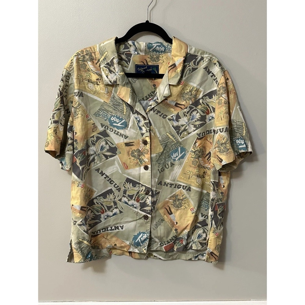 Island Traders Hawaiian Crop Top Blouse Women Antigua Print Tropical Size-L